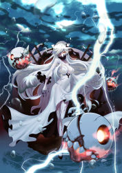 Rule 34 | 10s, 1girl, abyssal ship, breasts, covered mouth, dress, floating fortress (kancolle), highres, horns, kantai collection, large breasts, lightning, long hair, midway princess, pale skin, red eyes, saitou mei (meigetsu), solo, veins, very long hair, white dress, white hair