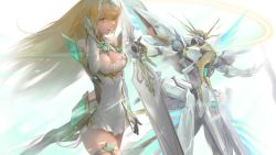 Rule 34 | 1girl, armor, badluck, blonde hair, breasts, cleavage, cleavage cutout, clothing cutout, covered navel, dress, earrings, gem, gloves, headpiece, highres, jewelry, large breasts, long hair, mythra (xenoblade), nintendo, robot, simple background, siren (series), spoilers, swept bangs, thigh strap, tiara, xenoblade, xenoblade chronicles (series), xenoblade chronicles 2, yellow eyes