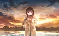 Rule 34 | 1girl, absurdres, brown coat, brown eyes, brown hair, can, canned coffee, coat, drink can, hair ornament, hairclip, hand up, highres, holding, holding can, long hair, original, outdoors, scarf, sei ao, solo, standing, sunset, sweater vest, water
