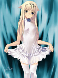 Rule 34 | 1girl, animal ears, blonde hair, blue eyes, breasts, cat ears, clothes lift, dated, dress, flat chest, kawata hisashi, lace, lace-trimmed legwear, lace trim, lifted by self, small breasts, socks, solo, thighhighs, white socks, white thighhighs, zettai ryouiki