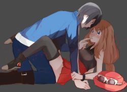 Rule 34 | 1boy, 1girl, black footwear, black thighhighs, blue eyes, blue jacket, blue pants, blush, boots, brown hair, calem (pokemon), collared shirt, commentary request, creatures (company), eye contact, eyewear on headwear, game freak, grey background, hat, high-waist skirt, index finger raised, jacket, long hair, looking at another, nasakixoc, nintendo, pants, pink headwear, pleated skirt, pokemon, pokemon xy, red skirt, serena (pokemon), shirt, shoes, simple background, skirt, sleeveless, sleeveless shirt, sunglasses, thighhighs, unworn hat, unworn headwear, white-framed eyewear