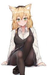 Rule 34 | 1girl, animal ear fluff, animal ears, black vest, blonde hair, blush, braid, brown pantyhose, closed mouth, collared shirt, commentary, cross, cross necklace, ear piercing, english commentary, green eyes, hair between eyes, highres, jewelry, knee up, long sleeves, looking at viewer, necklace, original, pantyhose, piercing, shirt, shoes, shuuzo3, simple background, sitting, solo, vest, white background, white shirt