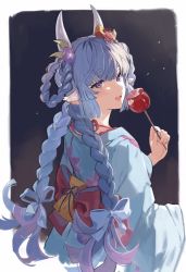 Rule 34 | blue hair, braid, candy, catura (granblue fantasy), character request, food, hashibiro kou (garapiko p), highres, horns, japanese clothes, kimono, looking at viewer, nail polish, open mouth, pointy ears, smile, solo, standing, twin braids