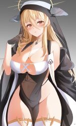 Rule 34 | 1girl, absurdres, azur lane, bare hips, bare shoulders, black dress, black gloves, blonde hair, blush, breast cutout, breasts, cleavage, cleavage cutout, closed mouth, clothing cutout, collarbone, covered navel, cowboy shot, dress, fake horns, gloves, gradient background, grey background, habit, hair between eyes, twirling hair, half gloves, halo, hand in own hair, head tilt, highres, horns, implacable (azur lane), large breasts, long bangs, long hair, long sleeves, looking at viewer, navel, no panties, nun, pelvic curtain, red eyes, revealing clothes, simple background, skindentation, solo, standing, suimo (suimodayo), thighhighs, two-tone dress, veil, white horns, white thighhighs, wide sleeves