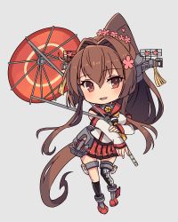 Rule 34 | 1girl, blush, brown eyes, brown hair, clothes writing, flower, full body, grey background, hair between eyes, hair flower, hair ornament, headgear, holding, holding umbrella, kantai collection, kasumi (skchkko), kneehighs, long hair, oil-paper umbrella, open mouth, pink flower, pleated skirt, ponytail, red skirt, red umbrella, rudder footwear, simple background, single kneehigh, single sock, single thighhigh, skirt, smile, socks, solo, thighhighs, umbrella, very long hair, yamato (kancolle), yamato kai (kancolle)
