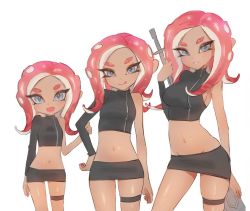 Rule 34 | 3girls, age progression, agent 8 (splatoon), arm at side, arm hug, bad id, bad twitter id, black skirt, blush, breasts, crop top, dark-skinned female, dark skin, fang, groin, hand on own hip, jtveemo, licking lips, light blush, looking at viewer, medium hair, midriff, miniskirt, multiple girls, multiple persona, navel, nintendo, octoling, octoling girl, octoling player character, open mouth, parted lips, shiny skin, sideboob, simple background, single sleeve, skirt, smile, splatoon (series), splatoon 2, splatoon 2: octo expansion, squidbeak splatoon, suction cups, tentacle hair, thigh gap, thigh strap, tongue, tongue out, zipper