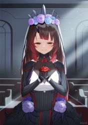 Rule 34 | 1girl, :3, black dress, blue flower, blue rose, blush, breasts, brown hair, church, closed mouth, commentary request, dress, flower, gradient hair, half-closed eyes, hands up, head wreath, highres, hololive, indoors, large breasts, long hair, looking at viewer, mirai (mirai76 ), multicolored hair, own hands clasped, own hands together, purple flower, purple rose, red hair, roboco-san, roboco-san (dark bride), rose, solo, sunlight, twitter username, very long hair, virtual youtuber, yellow eyes