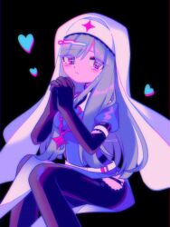 Rule 34 | 1girl, belt, black background, black pants, blue dress, blush stickers, bright pupils, clothing cutout, commentary, cross-shaped pupils, dress, elbow gloves, eyes visible through hair, film grain, gloves, green hair, habit, hands up, heart, high collar, highres, invisible chair, jewelry, long hair, looking at viewer, marija (muse dash), menma (enaic31), multicolored eyes, muse dash, necklace, nun, own hands together, pants, parted lips, pelvic curtain, praying, puffy short sleeves, puffy sleeves, screentones, short sleeves, side slit, simple background, single tear, sitting, solo, sparkle, symbol-only commentary, symbol-shaped pupils, tearing up, thigh cutout, twitter username, white belt, white headwear, white pupils