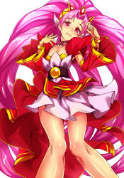 Rule 34 | 1girl, akagi towa, bad id, bad pixiv id, belt, blush, bracelet, breasts, choker, cleavage, cure scarlet, detached sleeves, go! princess precure, jewelry, long hair, looking at viewer, magical girl, pink eyes, pink hair, pointy ears, precure, shiny skin, simple background, skirt, small breasts, smile, solo, suisou, very long hair, white background