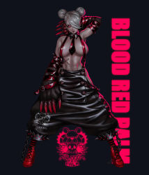 Rule 34 | 1girl, abs, absurdres, animal hands, areola slip, arm belt, arm up, bear trap, belt, black background, breasts, chain, claw (weapon), covered erect nipples, double bun, earrings, english text, glowing, hair bun, hair over one eye, high heels, highres, jewelry, lower teeth only, muscular, muscular female, nipples, original, parted lips, red eyes, red footwear, red lips, scar, short hair, silver hair, simple background, single earring, slit pupils, solo, spikes, standing, stitches, teeth, weapon, wei (kaminari0411)