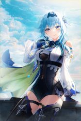 Rule 34 | 1girl, absurdres, arm support, banner, black hairband, black headband, black leotard, black thighhighs, blue hair, blue sky, blush, bodystocking, boots, breasts, cape, cleavage, closed mouth, clothing cutout, cloud, cloudy sky, collared shirt, day, detached sleeves, eula (genshin impact), genshin impact, hair between eyes, hair ornament, hairband, hand around neck, hand up, headband, high-waist shorts, highres, horizon, jewelry, large breasts, leaning back, leotard, looking at viewer, medium hair, multicolored eyes, outdoors, pendant, purple eyes, shirt, shorts, shoulder cutout, sitting, sky, solo, star-ring, stone wall, thigh boots, thigh strap, thighhighs, thighs, vision (genshin impact), wall, wide sleeves, yellow eyes, zettai ryouiki