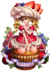 Rule 34 | 1girl, berry, blonde hair, blue eyes, blueberry, cake, choker, cupcake, dress, drill hair, english text, finger to mouth, food, food-themed clothes, food focus, food on head, frills, fruit, icing, in food, jewelry, kneeling, lace, lips, lolita fashion, long hair, mini person, minigirl, muffin, nayoung wooh, object on head, original, personification, petticoat, pink dress, raspberry, ribbon, ring, seiza, shushing, simple background, sitting, solo, strawberry, twintails, white background