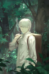 Rule 34 | 1boy, backpack, bag, cigarette, copyright name, cotta, dress shirt, ginko, green eyes, hair over one eye, highres, looking at viewer, male focus, mushishi, outdoors, plant, shirt, short hair, sleeves rolled up, smoke, smoking, solo, tree, white hair, white shirt
