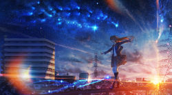 Rule 34 | 1girl, bag, balancing, blazer, blurry, bow, bowtie, brown hair, building, city, cloud, dark, depth of field, highres, house, jacket, kenzo 093, kneehighs, lens flare, light particles, light trail, loafers, long hair, looking down, night, night sky, on railing, open clothes, open jacket, original, outstretched arms, pleated skirt, power lines, railing, scenery, school bag, school uniform, shoes, skirt, sky, smile, socks, solo, star (sky), starry sky, sunlight, sunset, transmission tower, utility pole, walking, walking on railing, wide shot, wind