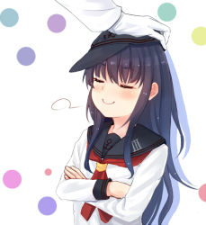 Rule 34 | 10s, 1boy, 1girl, admiral (kancolle), akatsuki (kancolle), anchor symbol, black hair, closed eyes, closed mouth, crossed arms, flat cap, hat, head pat, headpat, kantai collection, long hair, long sleeves, neckerchief, out of frame, qunqing, red neckerchief, remodel (kantai collection), simple background, smile, smug, upper body