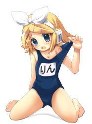 Rule 34 | 1girl, bad id, bad pixiv id, barefoot, blonde hair, blue eyes, bow, clothes pull, flat chest, hair ornament, hairclip, headset, kagamine rin, kneeling, milk (artist), milk (pixiv178138), one-piece swimsuit, one-piece swimsuit pull, pulling own clothes, school swimsuit, short hair, solo, swimsuit, vocaloid