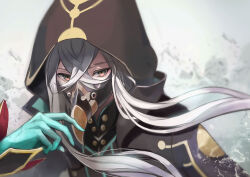 Rule 34 | 1boy, asclepius (fate), black jacket, fate/grand order, fate (series), green eyes, highres, hood, hood up, hooded jacket, jacket, long hair, long sleeves, looking at viewer, male focus, mask, neon trim, plague doctor mask, solo, touchika, upper body, white hair