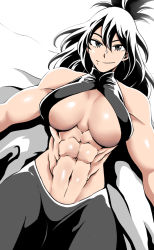 Rule 34 | 1girl, abs, bare shoulders, black eyes, black hair, boku no hero academia, breasts, deaf (pixiv), highres, large breasts, looking at viewer, mature female, mole, mole under mouth, muscular, muscular female, navel, pants, shimura nana, sleeveless, smile, solo, stomach