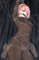Rule 34 | 1girl, bodystocking, bound, bound arms, bound torso, breasts, commission, disembodied hand, entogman, fire emblem, fire emblem engage, gag, grey hairband, hairband, highres, lapis (fire emblem), looking at viewer, medium breasts, nintendo, panties, pink eyes, pink hair, red hairband, restrained, ribbon, solo focus, two-tone hairband, underwear, white panties, white ribbon
