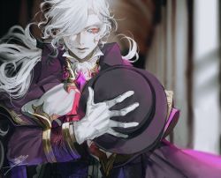 Rule 34 | au (d elete), bad id, bad pixiv id, black hat, blurry, blurry background, board game, edmond dantes (fate), fate/grand order, fate (series), gem, gloves, go (board game), hair over one eye, hat, holding, holding clothes, holding hat, indoors, long hair, parted lips, ponytail, red eyes, signature, unworn hat, unworn headwear, white gloves, white hair