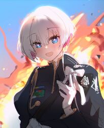 Rule 34 | + +, 1girl, :d, black cape, black dress, blue eyes, blush, cape, colored inner hair, dress, earrings, explosion, gloves, goddess of victory: nikke, highres, jewelry, liliweiss (nikke), looking at viewer, military uniform, multicolored hair, open mouth, pink hair, short hair, smile, solo, star-shaped pupils, star (symbol), symbol-shaped pupils, uniform, upper body, white gloves, white hair, yuzukie