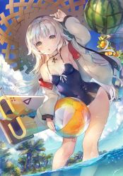 Rule 34 | 1girl, :o, arm up, armpits, azur lane, ball, bare shoulders, beachball, blue one-piece swimsuit, blue sky, blurry, blurry foreground, blush, breasts, brown eyes, cannon, cloud, cloudy sky, collarbone, commentary request, covered navel, cross, day, deecha, depth of field, flower, food, fruit, hat, headpiece, highres, holding, holding ball, iron cross, island, jacket, jewelry, leg tattoo, long hair, long sleeves, looking at viewer, mole, mole under eye, necklace, ocean, off shoulder, one-piece swimsuit, open clothes, open jacket, orange footwear, outdoors, palm tree, parted lips, partially submerged, partially underwater shot, puffy long sleeves, puffy sleeves, ribbon, signature, silver hair, sky, small breasts, solo, standing, straw hat, swimsuit, tattoo, transparent, tree, underwater, very long hair, wading, water, watermelon, wet, white jacket, white ribbon, z46 (azur lane), z46 (her first summer) (azur lane)