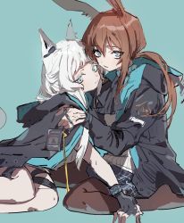 Rule 34 | 2girls, animal ears, arknights, blue eyes, brown hair, cat ears, cat girl, commentary, fingerless gloves, gloves, green eyes, hands on another&#039;s shoulders, highres, hood, hood down, hooded jacket, infection monitor (arknights), jacket, jewelry, long hair, low ponytail, multiple girls, na tarapisu153, ponytail, rabbit ears, rabbit girl, ring, silver hair, thigh strap