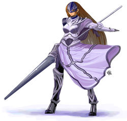 Rule 34 | 1girl, armor, brown hair, knight, lance, long hair, mask, polearm, solo, spear, tabard, weapon