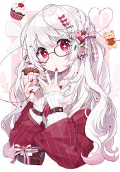 Rule 34 | + +, 1girl, absurdres, black-framed eyewear, bow, box, chon (chon33v), closed mouth, collared shirt, commentary request, cropped torso, cupcake, ear piercing, food, food-themed hair ornament, gift, gift box, glasses, hair bow, hair ornament, hairclip, hands up, heart-shaped box, highres, holding, holding food, jacket, long hair, long sleeves, multicolored nails, nail art, original, piercing, pink background, puffy long sleeves, puffy sleeves, red bow, red eyes, red jacket, shirt, sleeves past wrists, solo, striped bow, two-tone background, upper body, valentine, very long hair, white background, white bow, white hair, white shirt