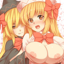 Rule 34 | 2girls, :p, blonde hair, blush, breasts, breasts out, breasts squeezed together, brown eyes, dual persona, female focus, grabbing, grabbing another&#039;s breast, hat, incest, large breasts, lily black, lily white, multiple girls, nipples, open clothes, open mouth, selfcest, symbol-shaped pupils, tongue, tongue out, touhou, tro (trombe), upper body, yuri