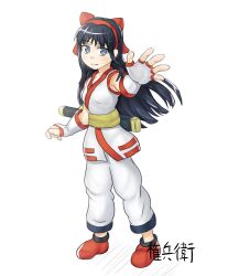 Rule 34 | 1girl, ainu clothes, black hair, blue eyes, breasts, fingerless gloves, gloves, hair ribbon, highres, legs, looking at viewer, nakoruru, outstretched arm, pants, ribbon, samurai spirits, sitting, smile, snakk breasts, snk, solo, the king of fighters, thighs, weapon