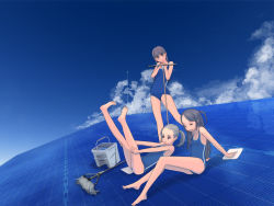 Rule 34 | 3girls, arm support, barefoot, blue theme, braid, bucket, cleaning, closed eyes, cloud, day, feet, glasses, grey hair, kiriman (souldeep), legs up, long hair, mop, multiple girls, one-piece swimsuit, original, ponytail, pout, rooftop, school uniform, serafuku, sigh, sky, solar panel, soles, swimsuit, toes, twintails, water