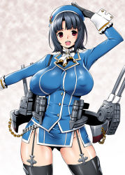 Rule 34 | 10s, 1girl, arm up, ass, beret, black gloves, black hair, black panties, black thighhighs, blush, breasts, buttons, chain, covered erect nipples, garter straps, gloves, gluteal fold, hand on own head, hat, kantai collection, large breasts, long sleeves, looking at viewer, machinery, military, military uniform, miniskirt, onomeshin, open mouth, outstretched arm, panties, red eyes, short hair, skirt, smile, solo, takao (kancolle), teeth, thigh gap, thighhighs, thighs, turret, underwear, uniform