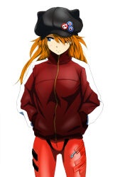 1girl animal_hat black_hat blue_eyes bodysuit cat_hat closed_mouth commentary_request evangelion:_3.0_you_can_(not)_redo eyepatch frown hair_over_one_eye hands_in_pockets hat hat_pin infinote jacket long_hair looking_to_the_side multicolored_clothes multicolored_jacket neon_genesis_evangelion orange_hair pin plugsuit rebuild_of_evangelion red_bodysuit red_jacket simple_background solo souryuu_asuka_langley striped_clothes striped_jacket swept_bangs track_jacket two-tone_jacket v-shaped_eyebrows white_background white_jacket