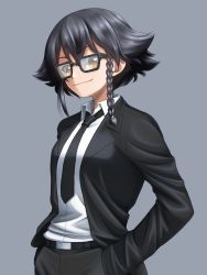 Rule 34 | 1girl, belt, bespectacled, black-framed eyewear, black belt, black hair, black jacket, black necktie, black pants, black suit, braid, brown eyes, closed mouth, commentary request, dress shirt, formal, girls und panzer, glasses, grey background, hair tie, hands in pockets, highres, jacket, looking at viewer, loose necktie, necktie, open clothes, open jacket, pants, partial commentary, pepperoni (girls und panzer), rectangular eyewear, reverse trap, ruka (piyopiyopu), shirt, short hair, side braid, simple background, smile, solo, standing, suit, upper body, white shirt, wing collar