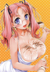 Rule 34 | 1girl, absurdres, apron, bare shoulders, blue eyes, blush, breasts, chocolate, cleavage, glasses, highres, huge breasts, ishikei, large breasts, long hair, non-web source, open mouth, pink hair, sexually suggestive, smile, solo, suggestive fluid, twintails