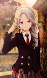 Rule 34 | 1girl, 2016, arm up, artist name, black jacket, blazer, blurry, blurry background, closed mouth, collared shirt, commission, day, depth of field, grey eyes, grey skirt, hand in own hair, jacket, kirimatsu, lamppost, long hair, looking at viewer, necktie, original, outdoors, parted bangs, plaid, plaid skirt, pleated skirt, red necktie, school uniform, shirt, silver hair, skirt, smile, solo, white shirt