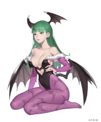 Rule 34 | 1girl, animal print, artist name, bare shoulders, bat print, bat wings, breasts, bridal gauntlets, cleavage, closed mouth, clothing cutout, collarbone, demon girl, elbow gloves, gloves, green eyes, green hair, head wings, heart cutout, highres, ki min-woo, large breasts, leotard, long hair, morrigan aensland, no shoes, pantyhose, print pantyhose, signature, simple background, sitting, soles, solo, vampire (game), wariza, white background, wings