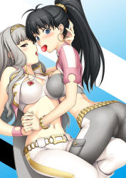Rule 34 | 2girls, antenna hair, ass, asymmetrical docking, bare shoulders, black hair, blue eyes, blush, bracelet, breast press, breasts, cleavage, cleavage cutout, clothing cutout, earrings, food, fruit, ganaha hibiki, holding hands, hoop earrings, idolmaster, idolmaster (classic), interlocked fingers, jewelry, large breasts, leg between thighs, long hair, looking at viewer, looking back, midriff, mouth hold, multiple girls, navel, necklace, open mouth, pants, ponytail, red eyes, shijou takane, silver hair, strawberry, tanaka shoutarou, tongue, yuri
