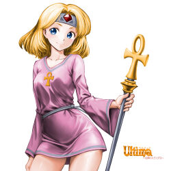 Rule 34 | 1girl, ankh, arm at side, blonde hair, blue eyes, breasts, closed mouth, collarbone, copyright name, dress, gem, hair intakes, highres, holding, holding staff, legs apart, long sleeves, medium breasts, minamoto80486, pink dress, red gemstone, short dress, short hair, simple background, single horizontal stripe, sister (ultima iii), smile, solo, staff, standing, thighs, ultima, ultima iii: exodus, ultima kyoufu no exodus, white background, wide sleeves
