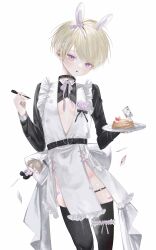 Rule 34 | 1girl, absurdres, androgynous, animal ears, belt, black choker, black thighhighs, blonde hair, blush, cake, character doll, choker, feet out of frame, flat chest, food, highres, holding, holding pen, holding plate, long sleeves, maid, msa (fary white), original, parted lips, pen, plate, purple eyes, rabbit ears, short hair, simple background, slit pupils, solo, thighhighs, white background
