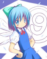 Rule 34 | circled 9, 1girl, blue eyes, blue hair, blush stickers, bow, cirno, hair bow, hands on own hips, ice, ice wings, looking at viewer, matching hair/eyes, shichinose, smile, solo, touhou, wings