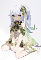 Rule 34 | 1girl, bare shoulders, bracelet, cape, closed mouth, coria, detached sleeves, full body, genshin impact, gradient hair, green cape, green eyes, green hair, hair ornament, highres, jewelry, long hair, looking at viewer, multicolored hair, nahida (genshin impact), pointy ears, side ponytail, simple background, sitting, solo, wariza, white background, white hair