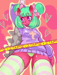 Rule 34 | 1girl, bad id, bad tumblr id, borrowed character, bow, breasts, character name, club, club (weapon), colored skin, double bun, dress, fang, freckles, green hair, green panties, hair bow, hair bun, heart, kanabou, lips, oni, original, over shoulder, panties, pantyshot, pink eyes, pointy ears, red oni, red skin, shiny skin, short hair, slugbox, small breasts, solo, spiked club, striped clothes, striped thighhighs, sweater, sweater dress, thighhighs, underwear, weapon, weapon over shoulder