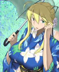 Rule 34 | 1girl, ahoge, alternate costume, artoria pendragon (fate), artoria pendragon (lancer) (fate), blush, braid, breasts, fate/grand order, fate (series), flower, french braid, green eyes, hair between eyes, hair flower, hair ornament, highres, japanese clothes, kimono, large breasts, looking at viewer, obi, oil-paper umbrella, parted lips, sash, short hair with long locks, smile, solo, takara joney, umbrella, upper body, wide sleeves