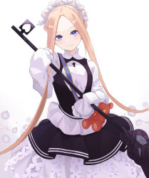 Rule 34 | 1girl, abigail williams (fate), abigail williams (festival outfit) (fate), absurdres, black skirt, blonde hair, blue eyes, blush, bow, braid, breasts, dress, fate/grand order, fate (series), forehead, french braid, hair bow, heroic spirit festival outfit, highres, long hair, long sleeves, looking at viewer, maid headdress, mop, off me, official alternate costume, parted bangs, sash, sidelocks, skirt, sleeves past fingers, sleeves past wrists, small breasts, smile, solo, stuffed animal, stuffed toy, teddy bear, very long hair, white dress