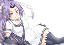 1girl, black gloves, black legwear, commentary request, cowboy shot, dress, elbow gloves, gloves, hatsuharu (kancolle), hikimayu, kantai collection, long hair, looking at viewer, lying, matsuura@parao, neck ribbon, on side, ponytail, purple eyes, purple hair, purple neckwear, ribbon, sailor collar, sailor dress, shide, simple background, smile, solo, thighhighs, white background, white sailor collar