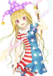 Rule 34 | 1girl, american flag dress, american flag legwear, blonde hair, clownpiece, dress, full body, hat, holding, jester cap, leggings, long hair, looking at viewer, open mouth, pantyhose, red eyes, shirt, short dress, short sleeves, simple background, smile, solo, striped clothes, striped dress, striped pantyhose, tika (mika4975), torch, touhou, white background