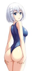 Rule 34 | 1girl, ass, ass grab, blue eyes, blue one-piece swimsuit, breasts, date a live, fish.boy, grey hair, hands on ass, hands on own ass, huge ass, looking at viewer, looking back, medium breasts, one-piece swimsuit, open mouth, short hair, sideboob, solo, swimsuit, third-party edit, tobiichi origami