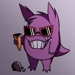 Rule 34 | absurdres, chocolate, creatures (company), cryptidhermit, food, full body, game freak, gen 1 pokemon, gengar, gradient background, highres, holding, holding food, holding ice cream, ice cream, ice cream cone, nintendo, no humans, open mouth, pokemon, pokemon (creature), purple fur, sad, smile, solo, sunglasses, tearing up, teeth